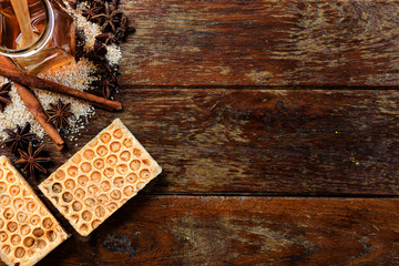 handmade natural honey soap on wooden background.