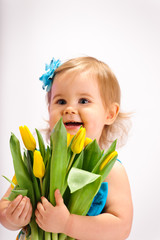 Girl with bunch of tulips - obrazy, fototapety, plakaty