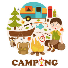camping elements and boy  - vector illustration, eps
