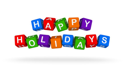Happy Holidays. Colorful Toy Block Flying on White Background.
