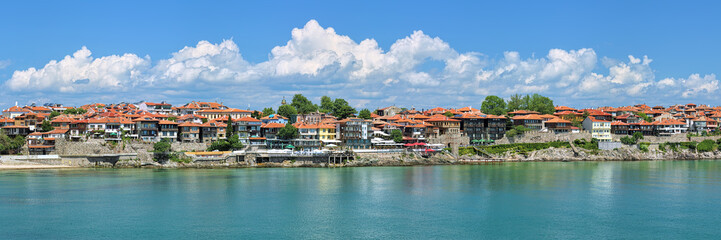 Fototapeta na wymiar Panorama of Old Town of Sozopol (former ancient town of Apollonia) with Southern Fortress Wall and Tower on the coast of Black Sea in Bulgaria