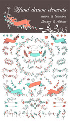 Set of hand drawn design elements ribbons, flowers branches