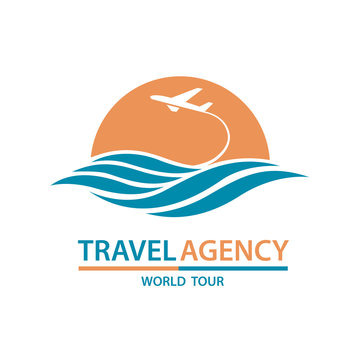 abstract travel logo with aircraft and ocean