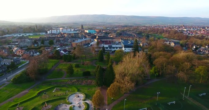 4K aerial footage of the town of Kirkintilloch near Glasgow in Scotland