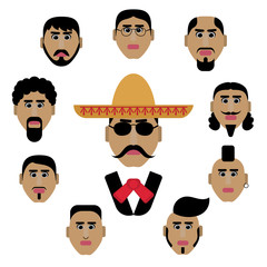 A set of men's faces with different hairstyles, mustaches, beards.