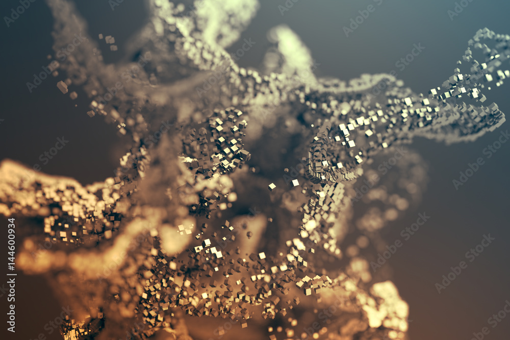 Poster abstract 3d rendering of chaotic particles. flying cubes in empty space. dynamic shape. futuristic b