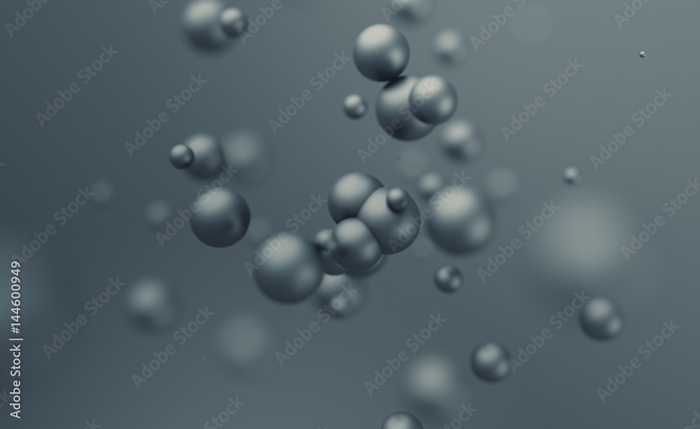 Poster abstract 3d rendering of chaotic spheres. flying particles in empty space. dynamic shape. futuristic