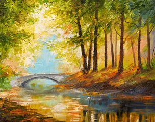 Fotobehang Landschap met olieverfschilderij - herfstbos bij de rivier, oranje bladeren © Fresh Stock
