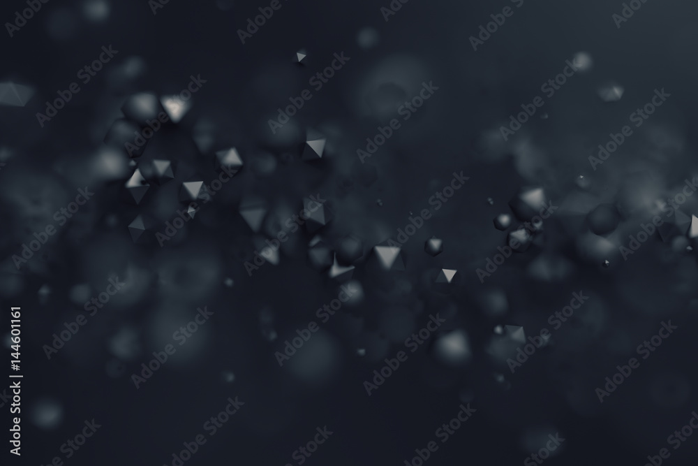 Poster abstract 3d rendering of chaotic low poly particles. flying polygonal spheres in empty space. futuri