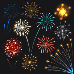 Fireworks set colorful explosions, realistic style