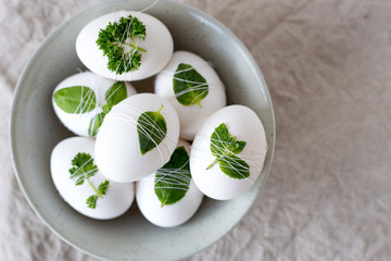 Easter eggs Decorated with leaves on textile background. Concept for your design