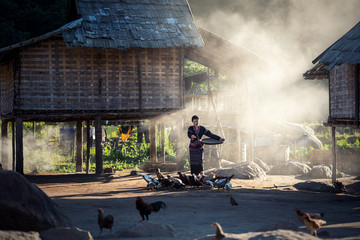 Asian girls feeding chickens at Laos countryside