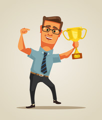 Happy winner smiling businessman character holds golden cup. Vector flat cartoon illustration