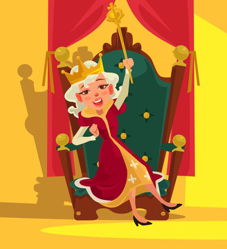 Happy smiling drunk Queen sits on throne. Vector flat cartoon illustration