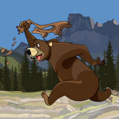 cartoon funny bear runs with pants in hand