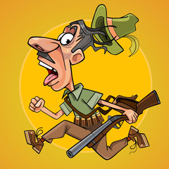 funny cartoon hunter with gun runs away in fright