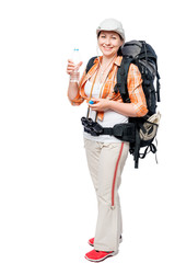 woman traveler with a backpack and a bottle of water on a white background