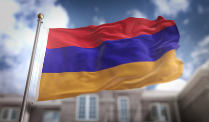Fototapeta na wymiar Armenia Flag 3D Rendering on Blue Sky Building Background