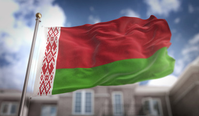 Fototapeta na wymiar Belarus Flag 3D Rendering on Blue Sky Building Background