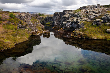 Deep fissure Flosagja with crystal clear cold water at Thingvellir National Park Iceland