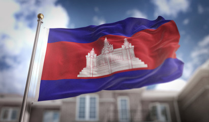 Fototapeta na wymiar Cambodia Flag 3D Rendering on Blue Sky Building Background