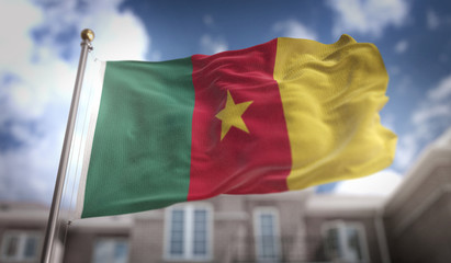 Fototapeta na wymiar Cameroon Flag 3D Rendering on Blue Sky Building Background