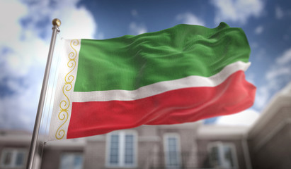 Fototapeta na wymiar Chechen Republic Flag 3D Rendering on Blue Sky Building Background