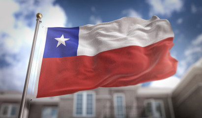 Fototapeta na wymiar Chile Flag 3D Rendering on Blue Sky Building Background