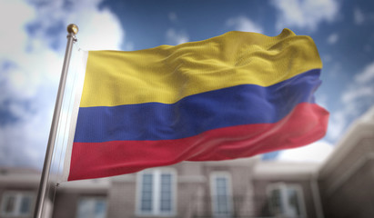 Fototapeta na wymiar Colombia Flag 3D Rendering on Blue Sky Building Background