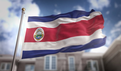 Fototapeta na wymiar Costa Rica Flag 3D Rendering on Blue Sky Building Background
