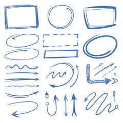 Marker circles, pointing arrows, frames doodle collection