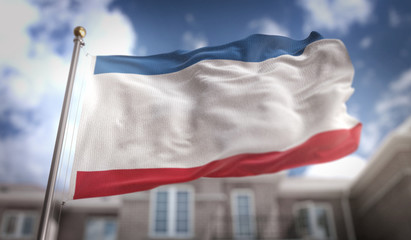 Fototapeta na wymiar Crimea Flag 3D Rendering on Blue Sky Building Background