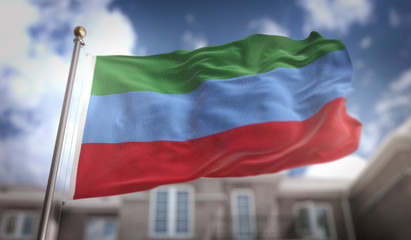 Fototapeta na wymiar Republic of Dagestan Flag 3D Rendering on Blue Sky Building Background