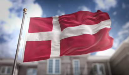 Fototapeta na wymiar Denmark Flag 3D Rendering on Blue Sky Building Background