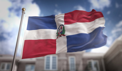 Fototapeta na wymiar Dominican Republic Flag 3D Rendering on Blue Sky Building Background