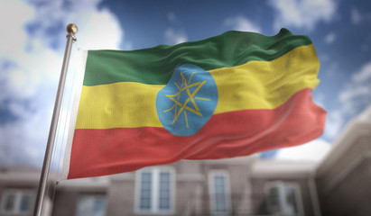 Fototapeta na wymiar Ethiopia Flag 3D Rendering on Blue Sky Building Background