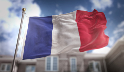 Fototapeta na wymiar France Flag 3D Rendering on Blue Sky Building Background