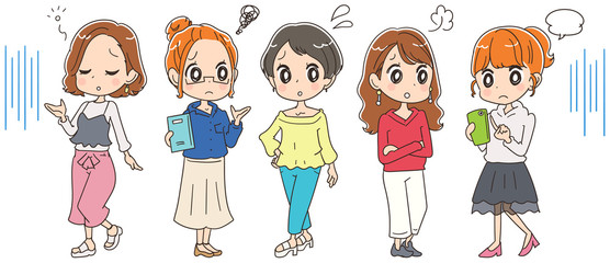 若い女性グループのイラスト（全身）