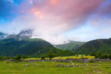 Fototapeta na wymiar Alpine landscape with mountains and lawns.