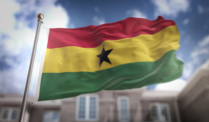 Fototapeta na wymiar Ghana Flag 3D Rendering on Blue Sky Building Background