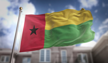 Plakat Guinea-Bissau Flag 3D Rendering on Blue Sky Building Background