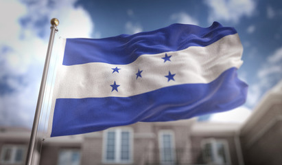 Fototapeta na wymiar Honduras Flag 3D Rendering on Blue Sky Building Background