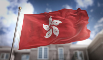 Hong Kong Flag 3D Rendering on Blue Sky Building Background