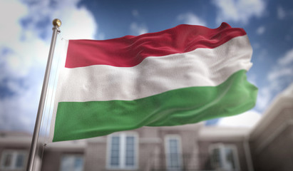 Plakat Hungary Flag 3D Rendering on Blue Sky Building Background