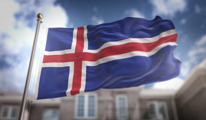 Iceland Flag 3D Rendering on Blue Sky Building Background