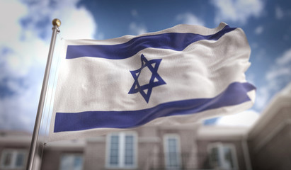 Fototapeta na wymiar Israel Flag 3D Rendering on Blue Sky Building Background