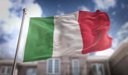 Fototapeta na wymiar Italy Flag 3D Rendering on Blue Sky Building Background