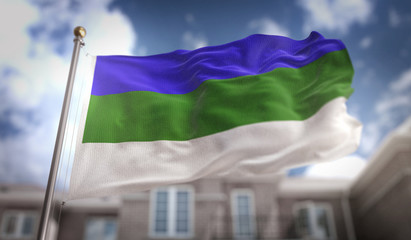 Fototapeta na wymiar Komi Republic Flag 3D Rendering on Blue Sky Building Background
