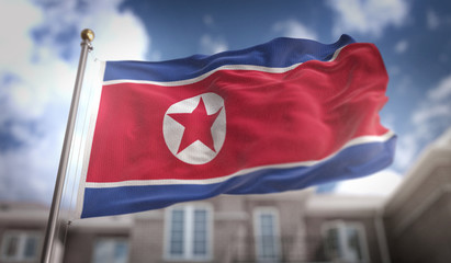 Fototapeta na wymiar North Korea Flag 3D Rendering on Blue Sky Building Background