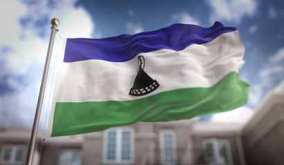Fototapeta na wymiar Lesotho Flag 3D Rendering on Blue Sky Building Background